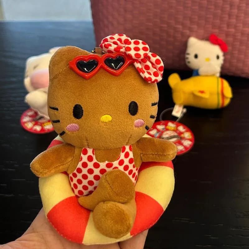Portachiavi in peluche Hello Kitty nera, ciondolo per borsa a forma di gatto KT con anello da nuoto hawaiano Kawaii, giocattolo di peluche a forma di cartone animato, ornamento per zaino, regalo