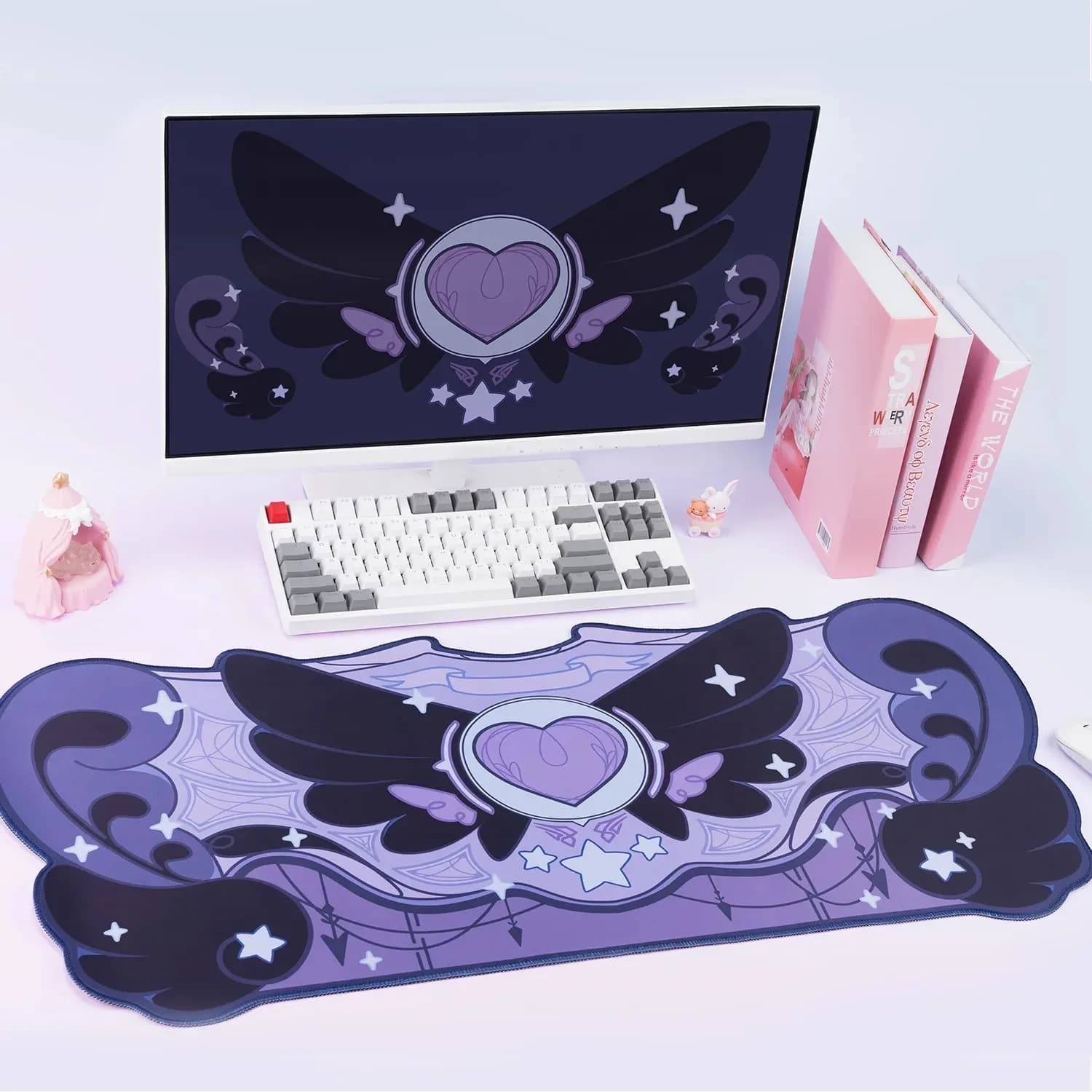 VIKAMA Irregular Purple Black Heart Wing Large Mouse Pad, Anime Girl Style Gaming Office Desk Mat with Anti-Slip Base