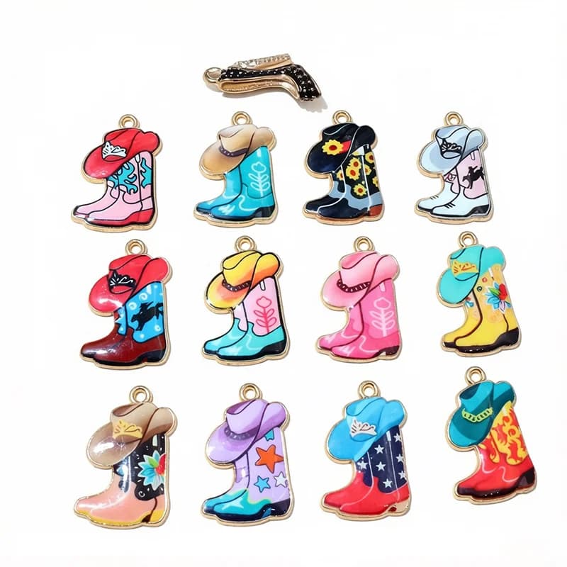 10pcs 24x15mm Enamel Western Cowboy Boot Hat Pendant Charms Alloy Craft DIY Jewelry Making Accessories for Earrings Necklace