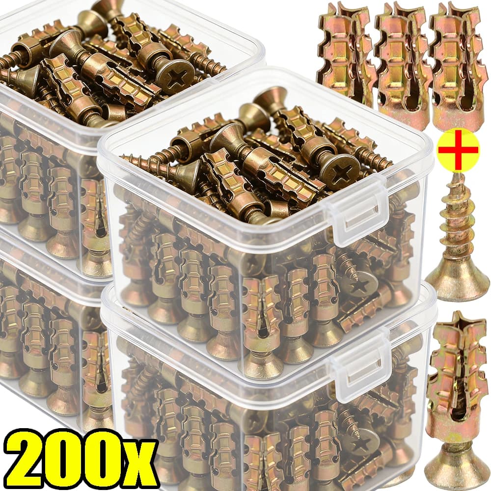 200/5Set Metal Tube Stone Expansion Screws DIY Heavy Duty Wall Anchor Drywall Drilling Plug Fastener Bolt Self Tapping Screw
