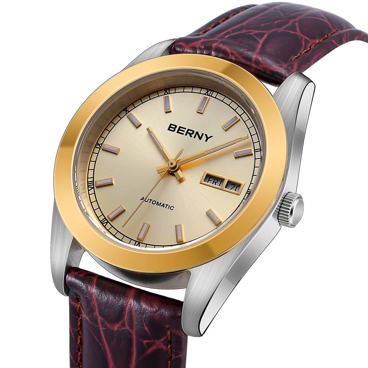 BERNY Gold Automatic Men's Watch Original ST1632 Leather Waterproof Date Calendar Luminous Top Mechanical Luxury Watch For Men