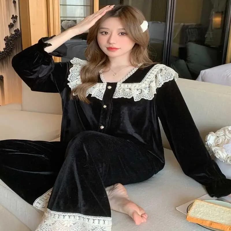 Pigiama Set Abito in pizzo di velluto dorato Pigiama di lusso leggero per donna in primavera e autunno inverno Nero stile corte Heat Home