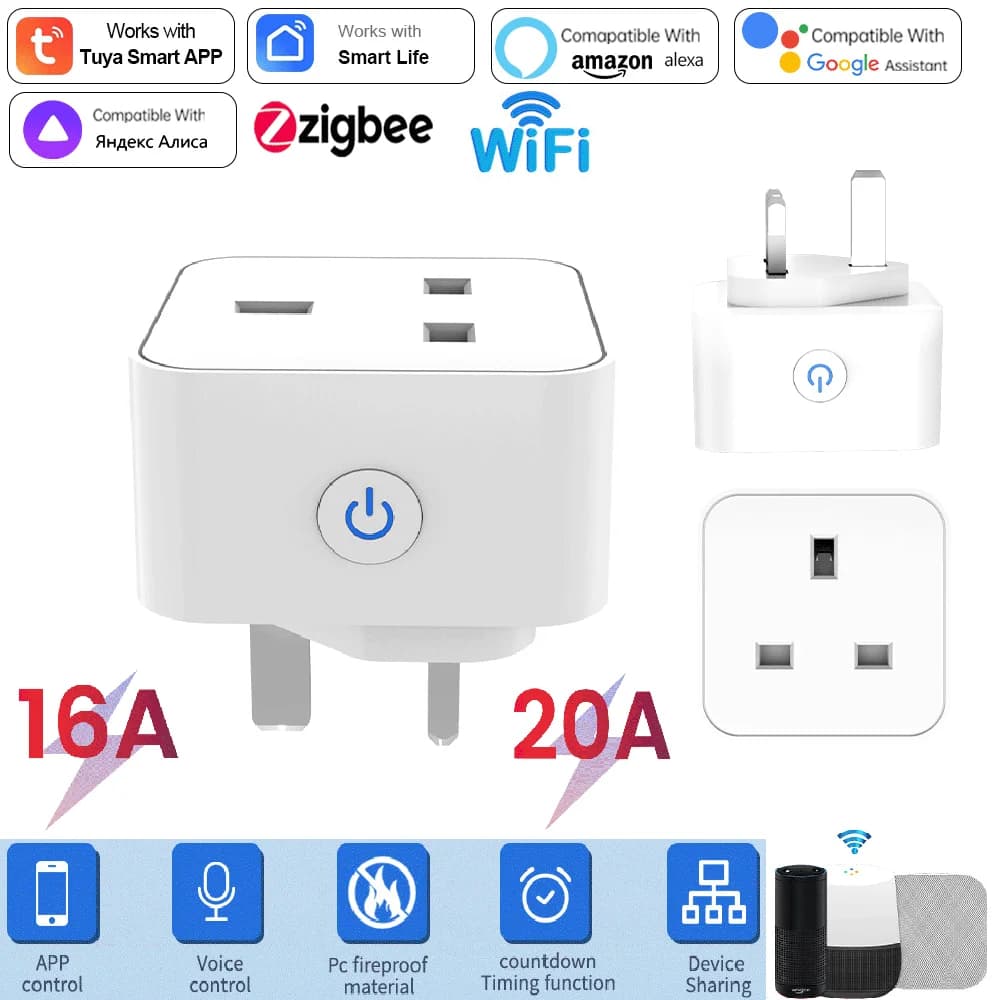 Presa Intelligente Tuya 16A/20A WiFi o Zigbee, Adattatore UK a 3 Pin, Controllo Vocale Alexa con Funzione di Monitoraggio Energetico