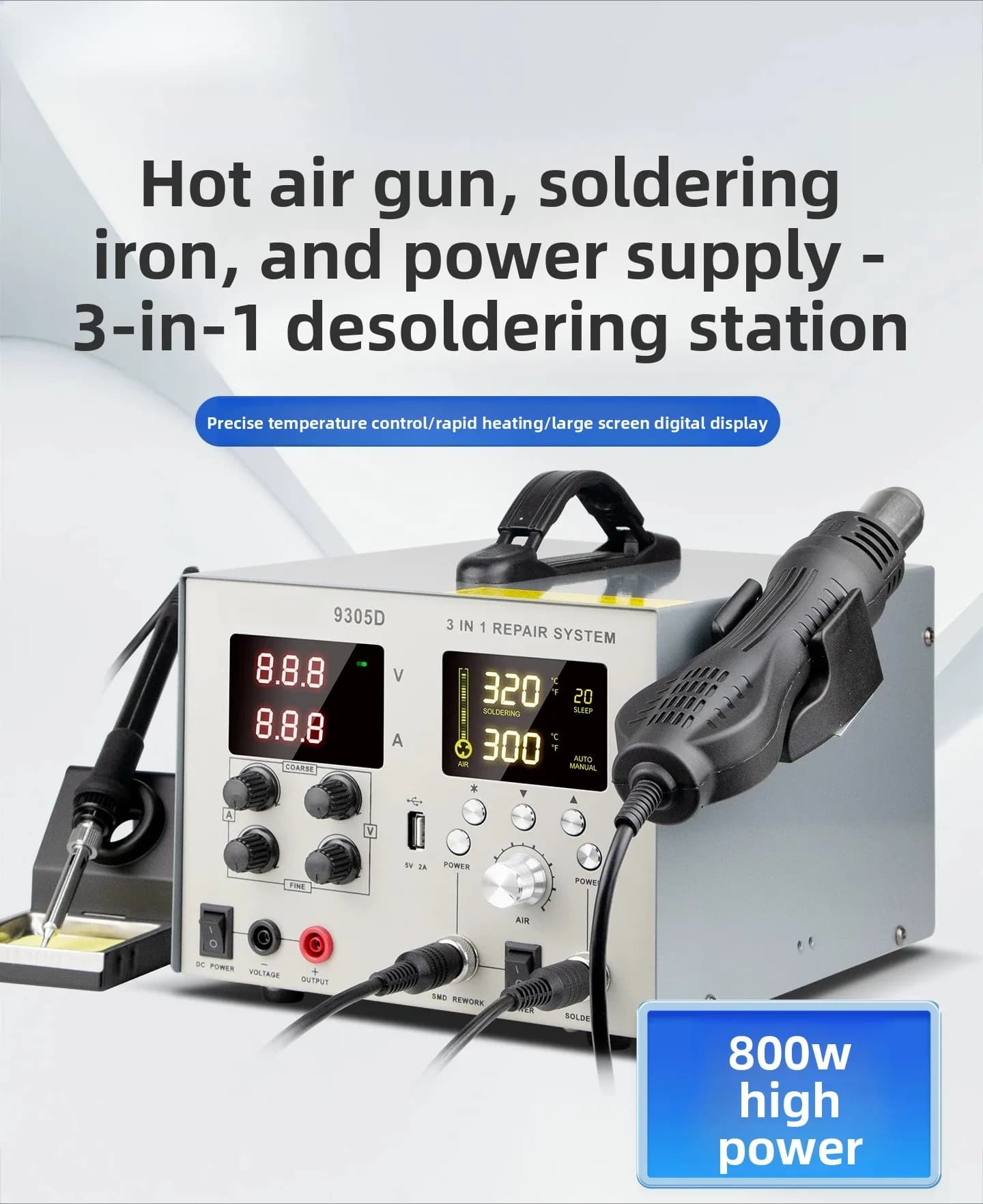 9305 3-in-1 Hot Air Rework Station – 800W Soldering Iron + Heat Gun + DC Power Supply for Phone PCB Repair