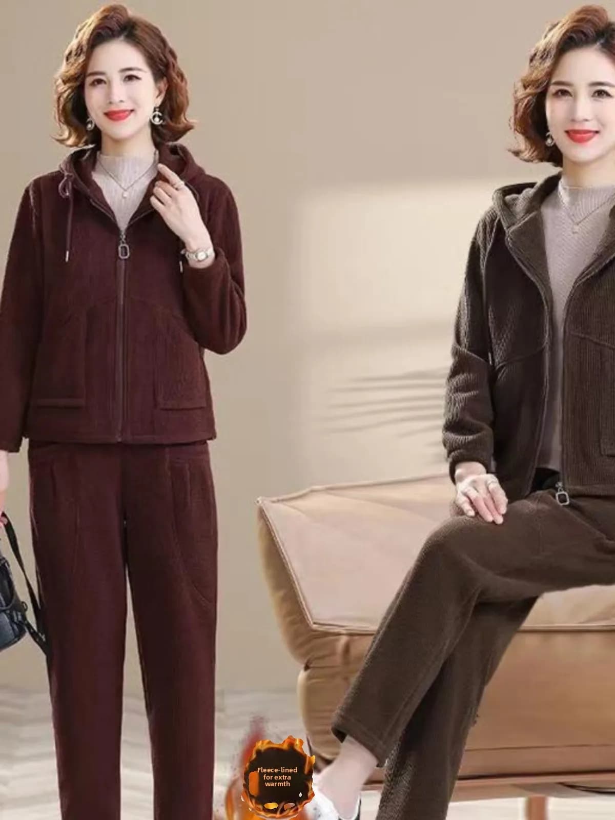 Completo Sportivo Invernale da Donna in Corduroy Foderato in Pile, Set Due Pezzi Casual con Felpa a Maniche Lunghe e Pantaloni, Abbigliamento alla Moda per Mamme