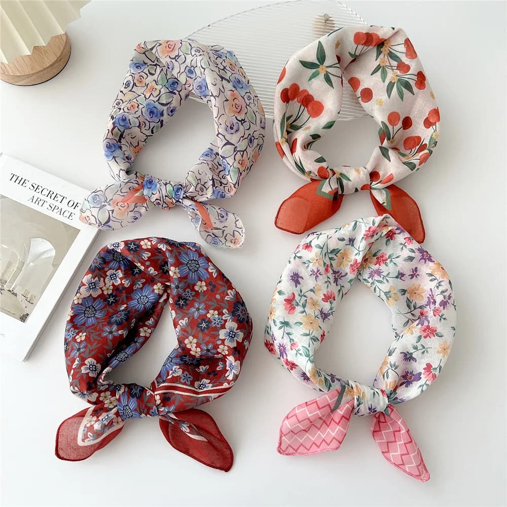 55 cm square scarf in cotton and linen for girls, spring summer, Korean chic style, decorative accessory for hair, floral scarf