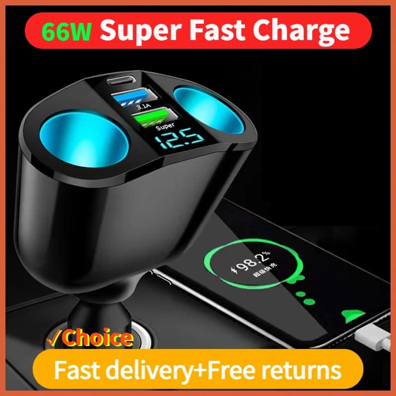 12V-24V Car Charger Splitter Blue Atmospheric Light PD QC3.0 2 USB Charger Doors C for DVR Charger for Cell Phones
