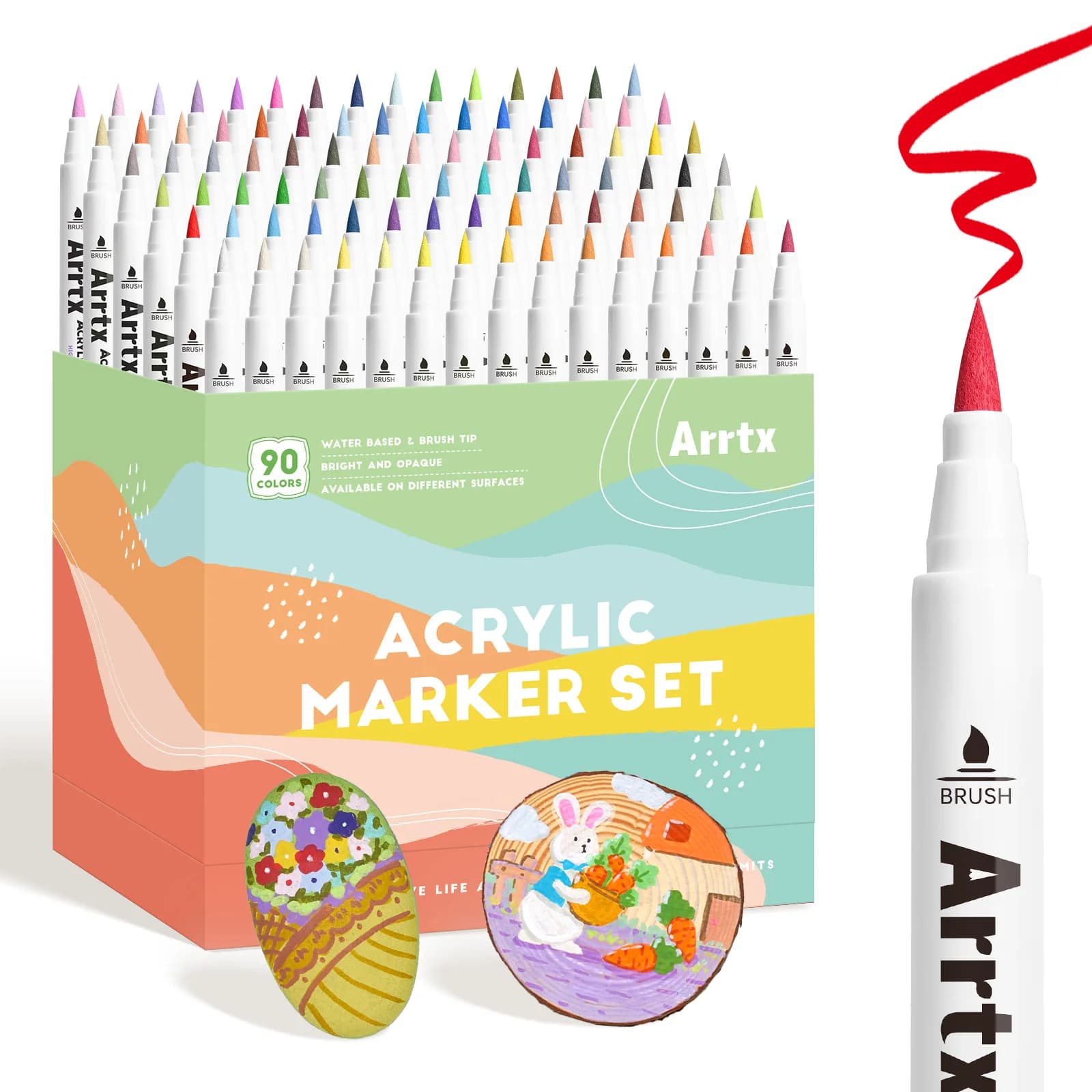 Arrtx 90 colori penne per vernice acrilica, pennarelli per vernice, per artisti adulti libro da colorare - punta per pennello per artigianato fai da te che realizza 90B