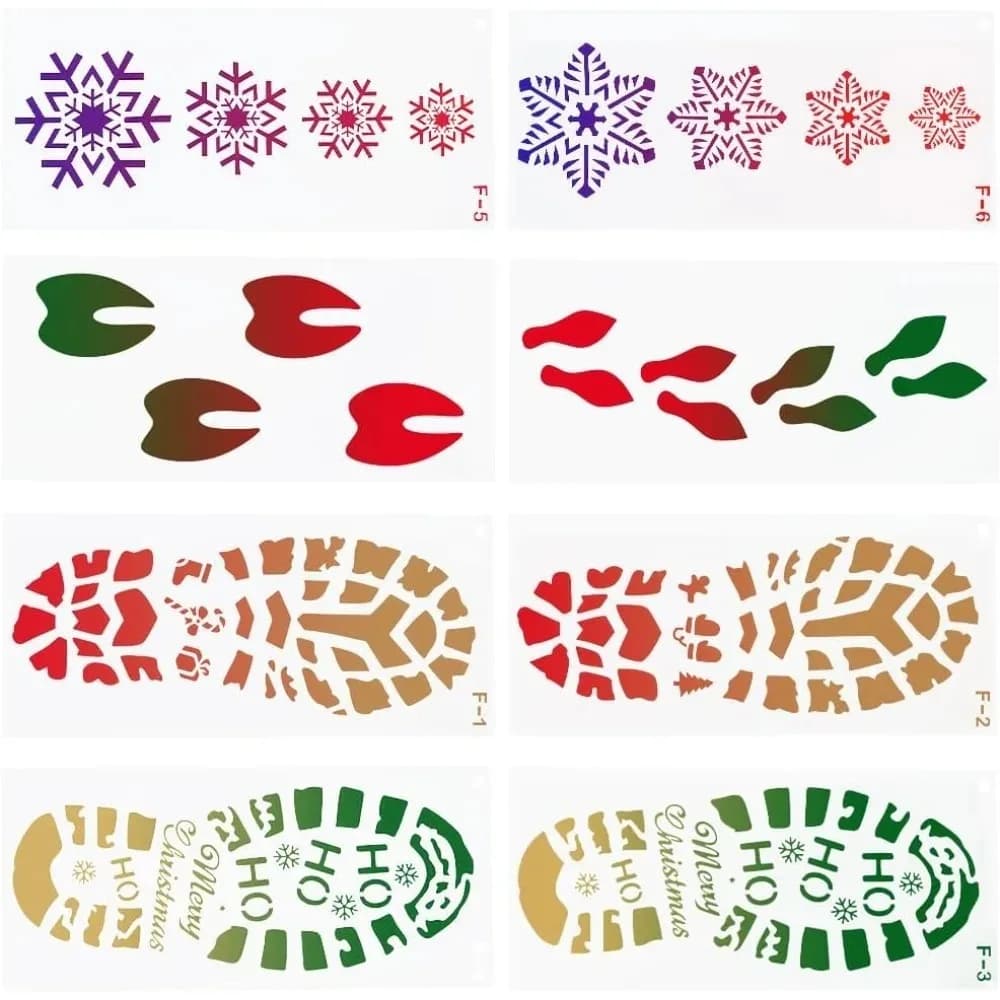 8Pcs Christmas Holiday Footprint Stencils Santa Claus Boot Snowflake Large Hollow Out Drawing Plastic Template Stencil Painting