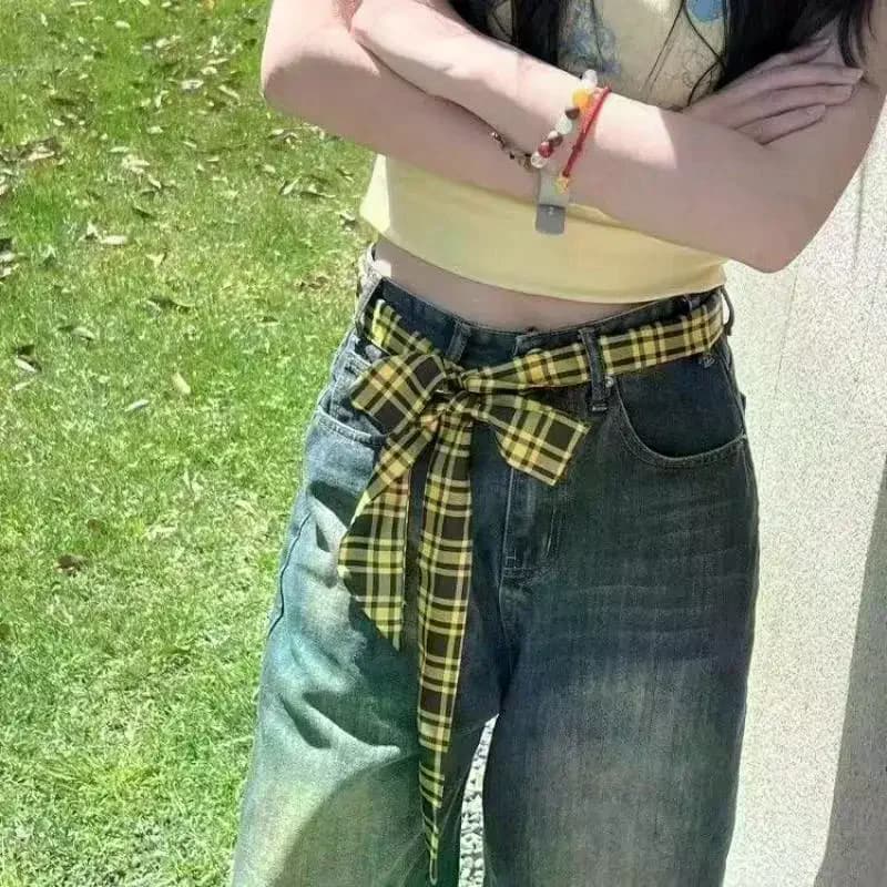 Cintura Lunga Sottile Multifunzionale a Quadri per Jeans, Collana, Sciarpa, Elastico per Capelli, Cinghia Decorativa alla Moda per Abbigliamento Femminile
