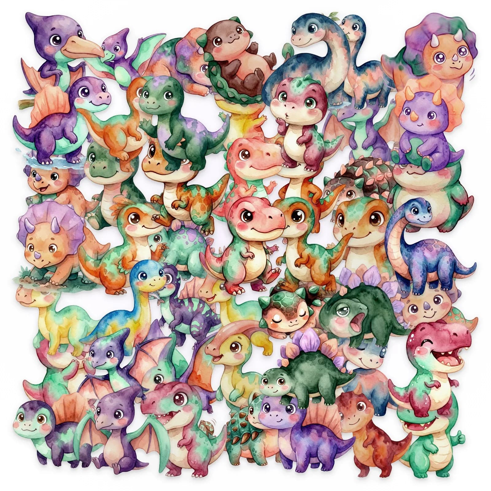 50/100 Pezzi Adesivi Trasparenti in PET con Dinosauri Acquerellati, Senza Tracce, in PP per Scrapbook, Diario, Custodia Telefono, Casco, Cartella, Scatola di Cancelleria