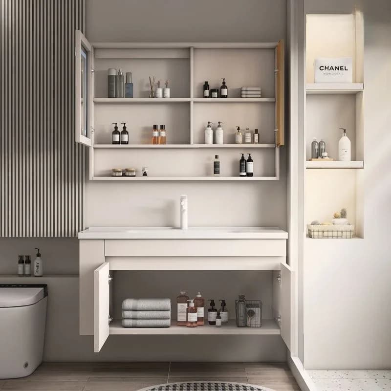 Mobile da bagno compatto a parete Armadietto a specchio intelligente Lavabo integrato in ceramica Lavandino da bagno Organizzatore Gabinete Mobili per hotel