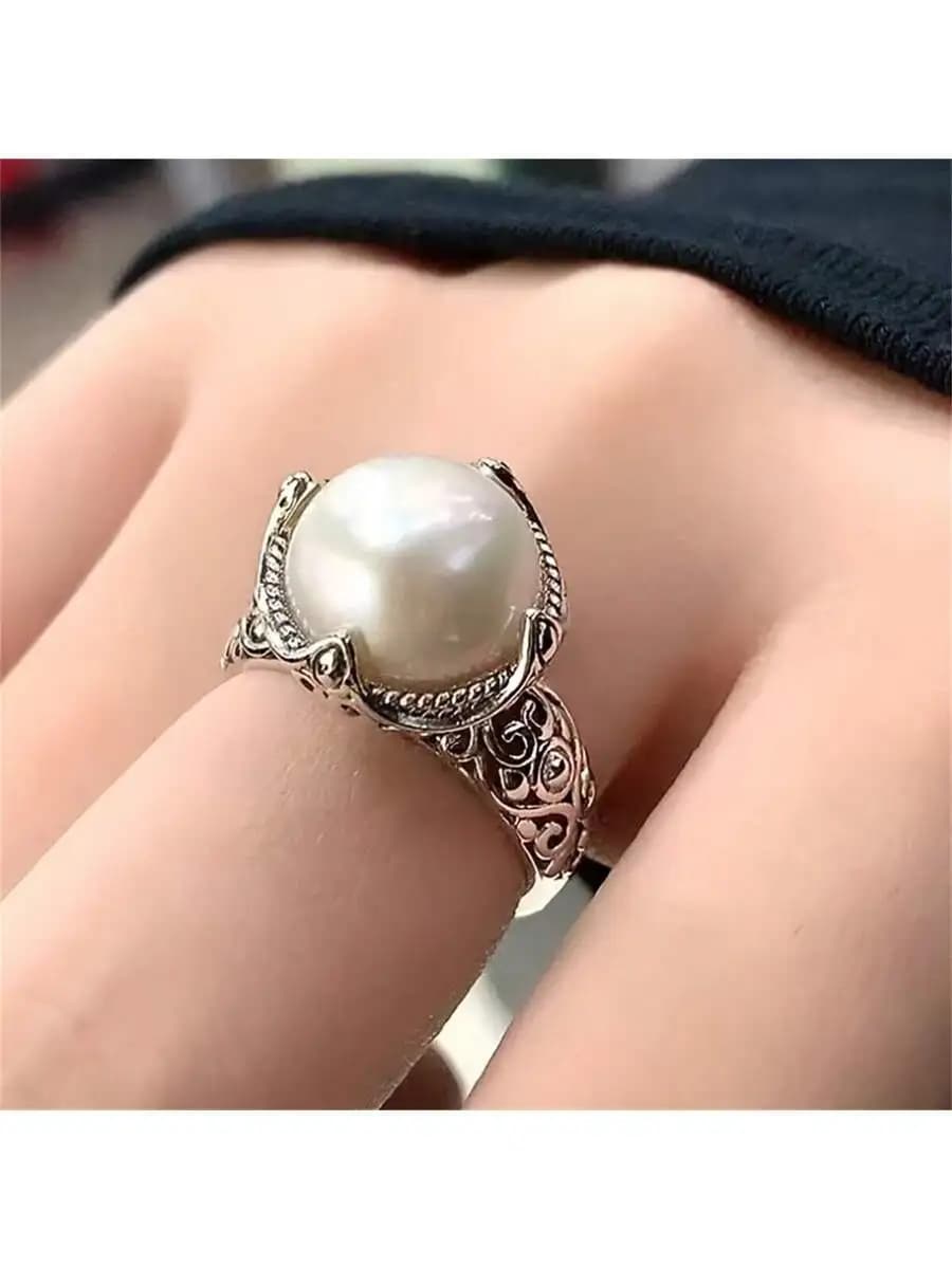 Retro Large Faux Pearl Statement Ring For Women Vintage Ornate Design Gift