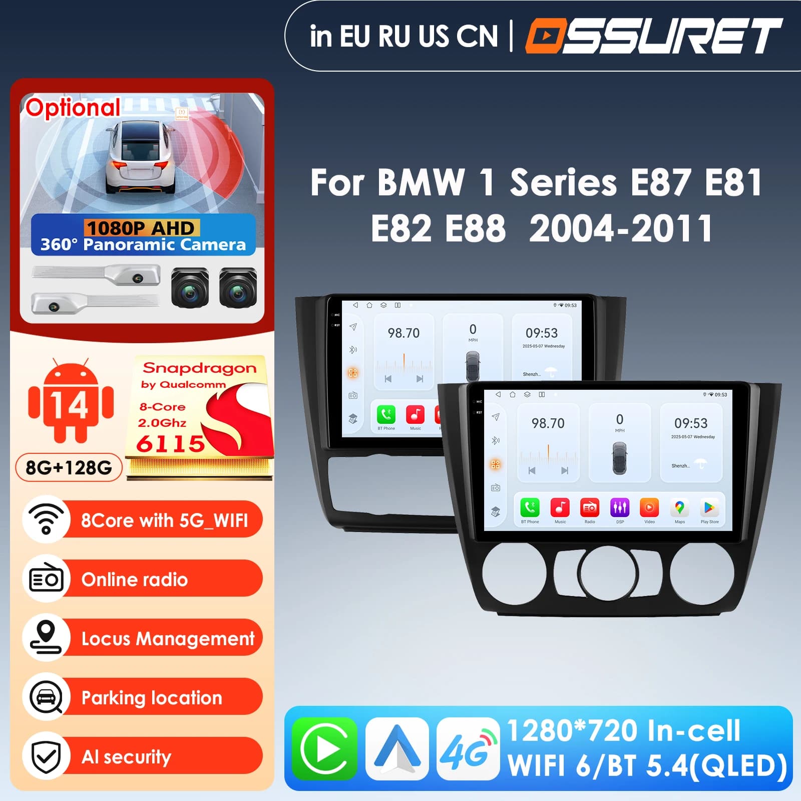 Autoradio AI Intelligente da 9'' con Carplay 4G per BMW Serie 1 E81 E82 E87 E88 AT MT, Lettore Multimediale Video Automatico/Manuale con BT e GPS