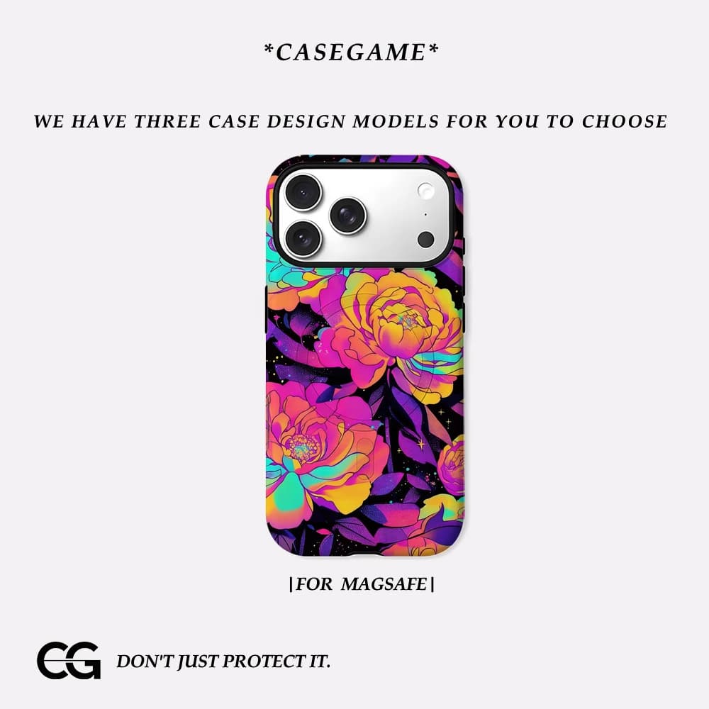 Casegame Cover Opaca Antiurto per iPhone 17 16 15 14 Plus 13 Pro Max con Bumper per MagSafe, in PC Rigido, Motivo Floreale Peonia Neon