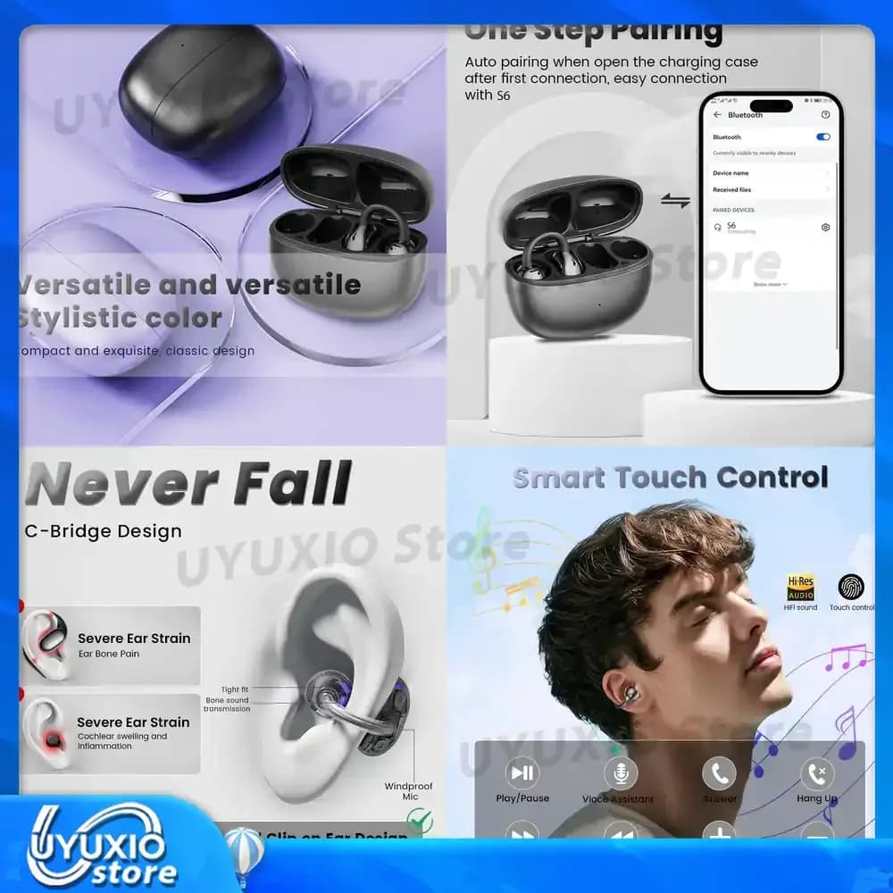 Wireless UYUXIO BT 5.4 with Clips, OWS Headphones with 72 Reproduction Hours, XP7 Waterproof, Long Battery Life, Over-Ear Headphones for