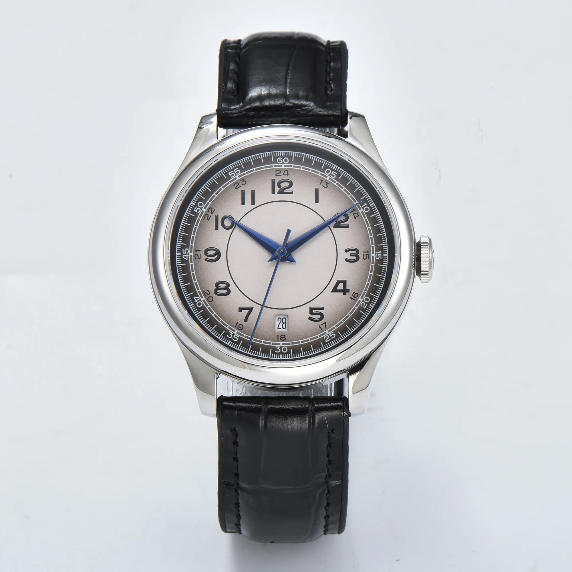 New Parnis 39mm Silver Case Mechanical Automatic Men Watch Sapphire Crystal Calendar Calendar Leather Strap Watch For Men Clock