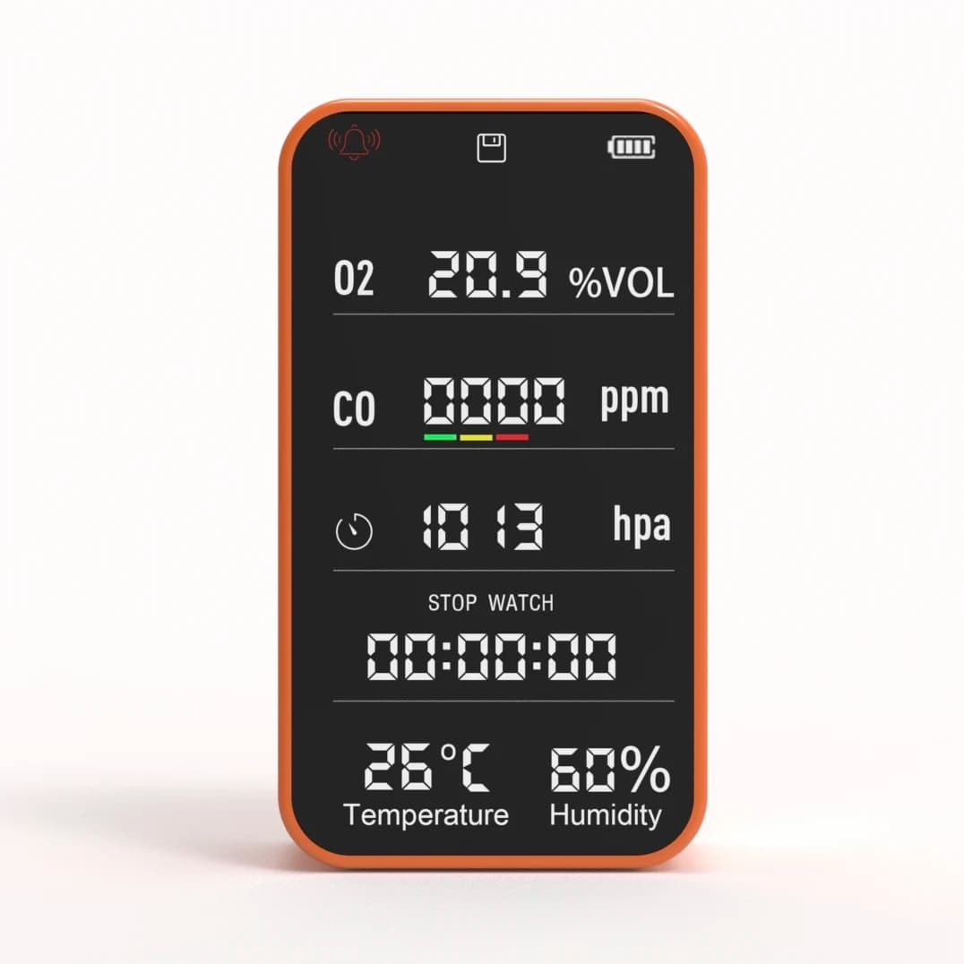 Rilevatore di gas ricaricabile 8 in 1 Monitor portatile di monossido di carbonio Misuratore di O2 Cronometro di ossigeno Termoigrometro con scheda SD