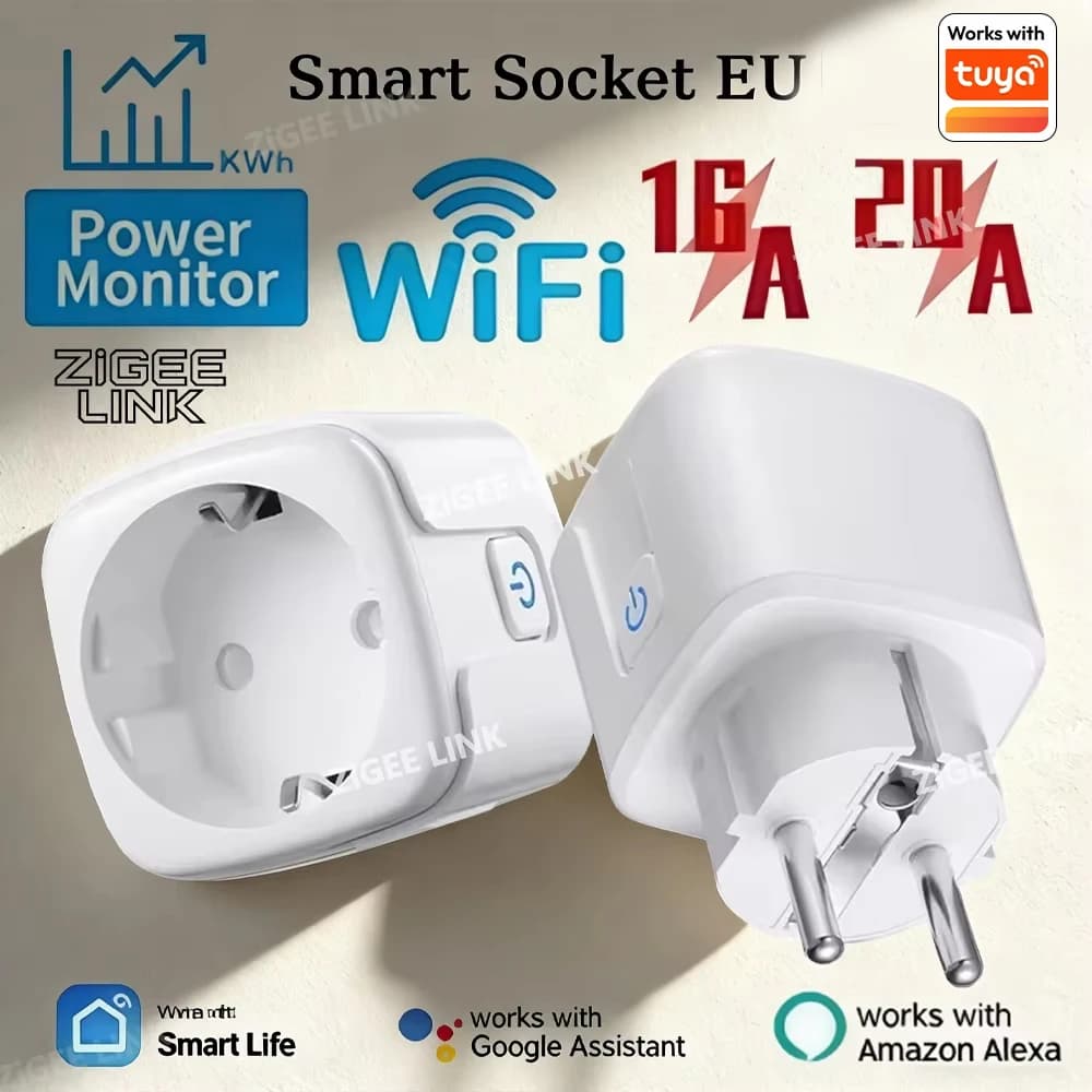 1/4 Pieces Smart WiFi EU 16A/20A with Consumption Monitoring, Timer Function, SmartLife App Control, Compatible with Tuya, Alexa, Google Home