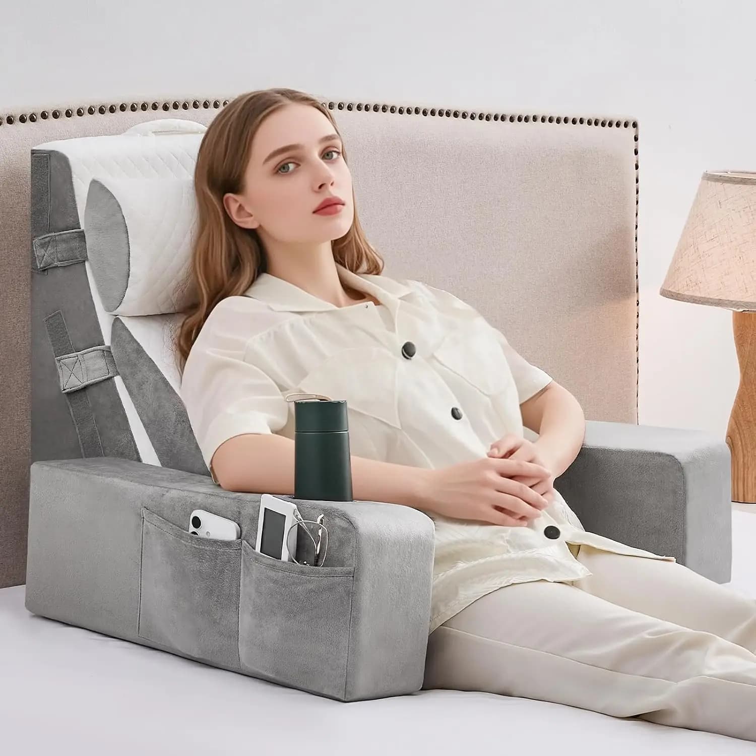 Set di 5 Cuscini da Lettura con Braccioli, Tasche e Portabicchieri - Schienale Ergonomico per Letto, Sedia, Gaming e Visione TV