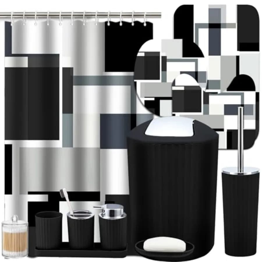 Set Bagno Nero, Set Decorativo Moderno da 24 Pezzi con Tenda Doccia e Tappeti, Cestino, Porta Scopino WC