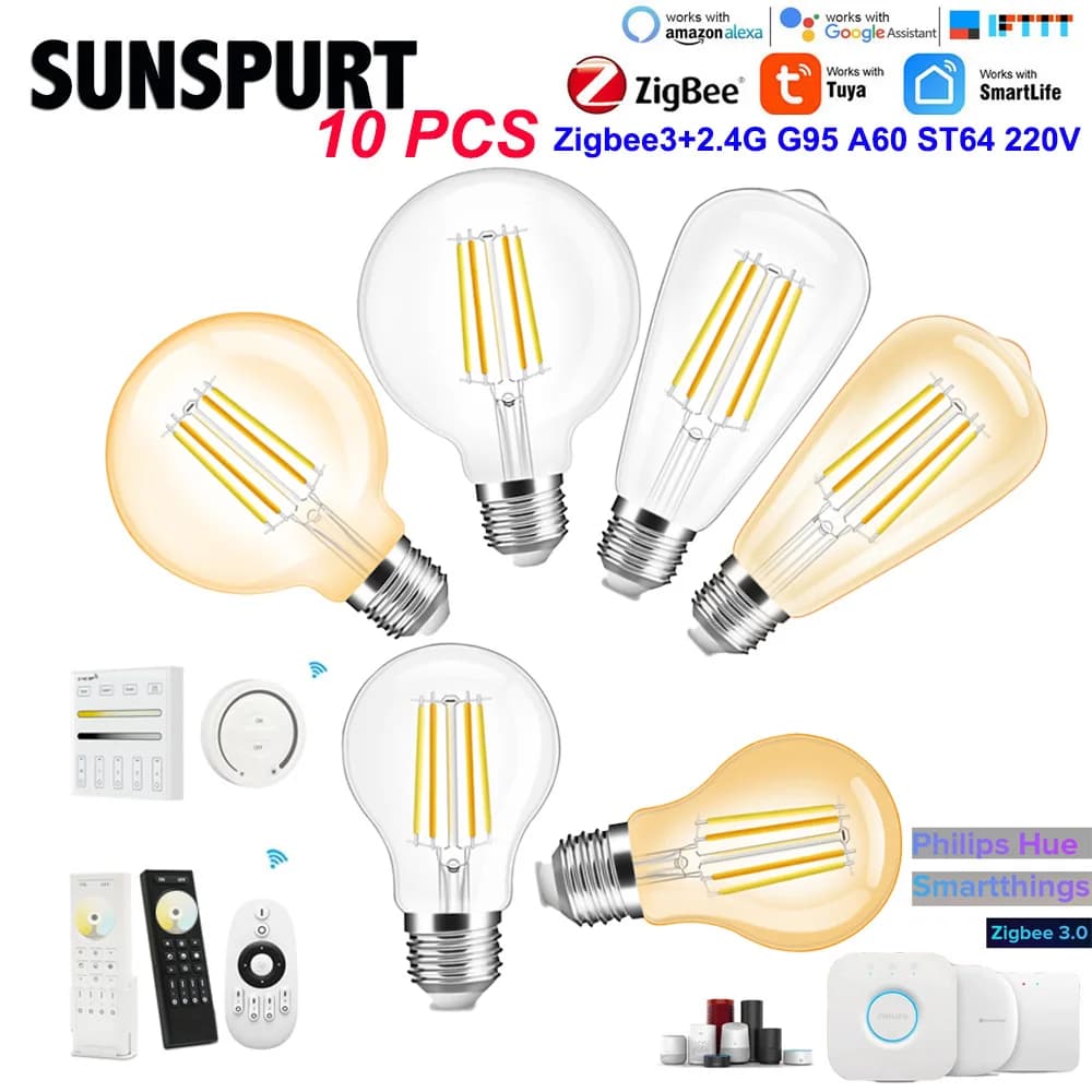 1-10P AC220V ZIGBEE 3.0 + 2.4G RF Stile Vintage Lampadina a filamento LED A60 G95 ST64 E27 7W Pro Dual White Smart APP Alexa Controllo vocale