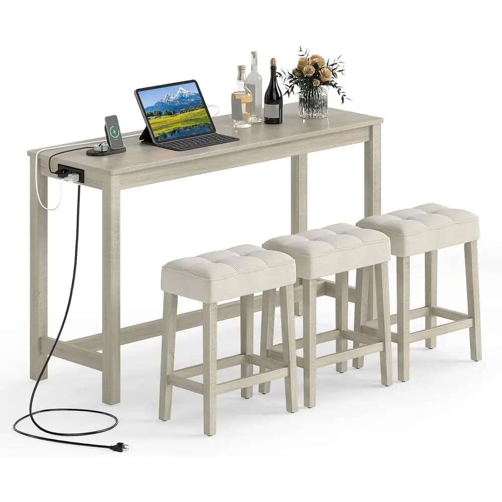 Counter Height Breakfast Nook Set with Charging Station, 3 Stools, Wooden Table & Cushioned Chairs, Gray