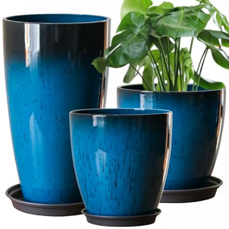 Grandi Vasi in Plastica con Vassoio 11/12/21 H Set di 3 per Uso Interno ed Esterno, Leggeri, Decorativi, Vasi Alti per Piante