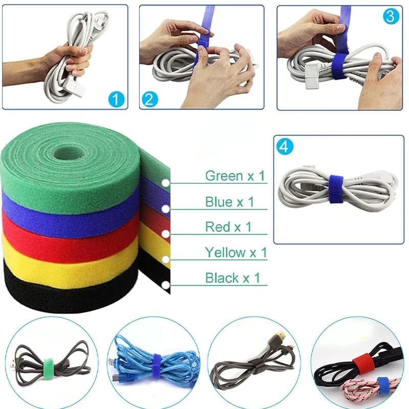 Fascette per Cavi da 5 Metri/Rotolo, Riutilizzabili, con Chiusura a Strappo, Autoadesive, Accessori Fai-da-Te, Cinghie in Velcro a Doppia Faccia per Gestione Cavi