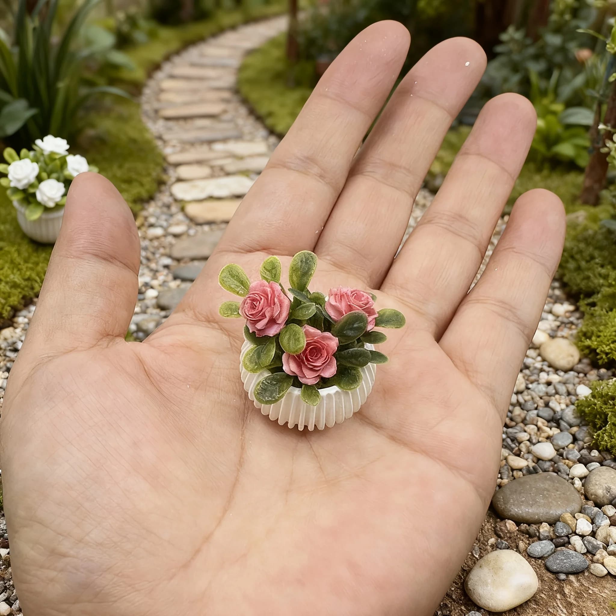 1 pezzo di piante in vaso di piante di rosa in miniatura, piante in vaso per la decorazione della scena del soggiorno della casa modello, artigianato paesaggistico in miniatura