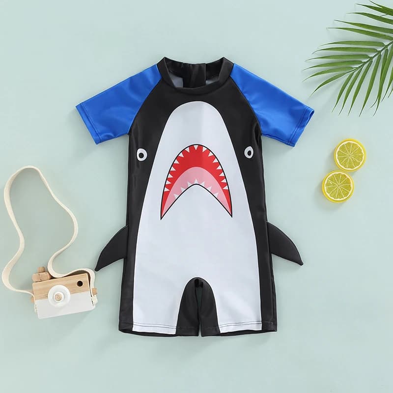 Yiicovy 1-4 years Toddler Baby Boys Cartoon Shark Swimwear Blue Patchwork Short Sleeve Beachwear Children's Swimwear 2023