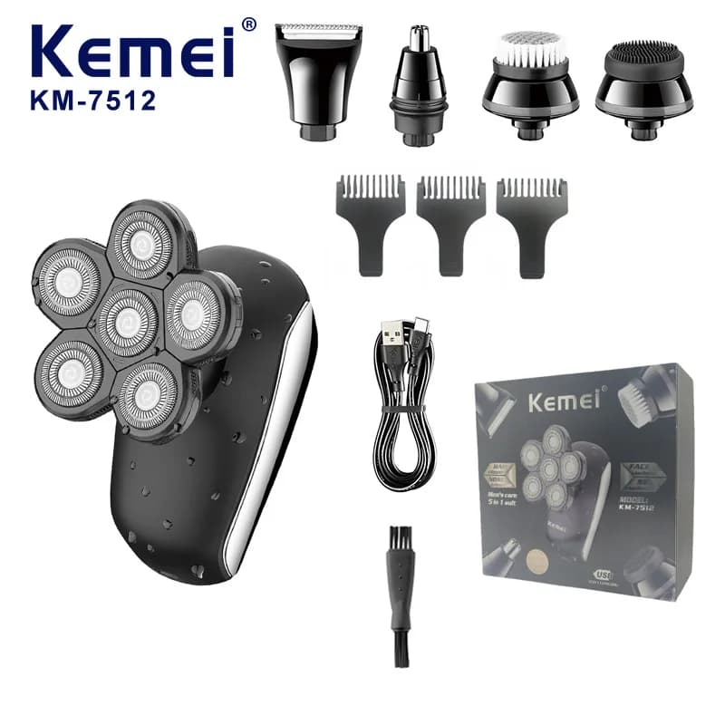 Kemei KM-7512 Rasoio elettrico professionale a 6 lame – Kit per toelettatura multifunzionale 5 in 1 Barba, peli del naso e tagliacapelli