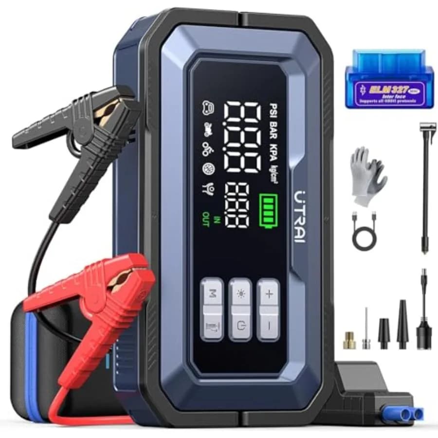 Avviatore di Emergenza con Compressore d'Aria 150PSI 7000A di Picco, 12V, per Batterie Auto, Tutti i Motori a Benzina/Diesel 12.0L, Uscita DC 160W