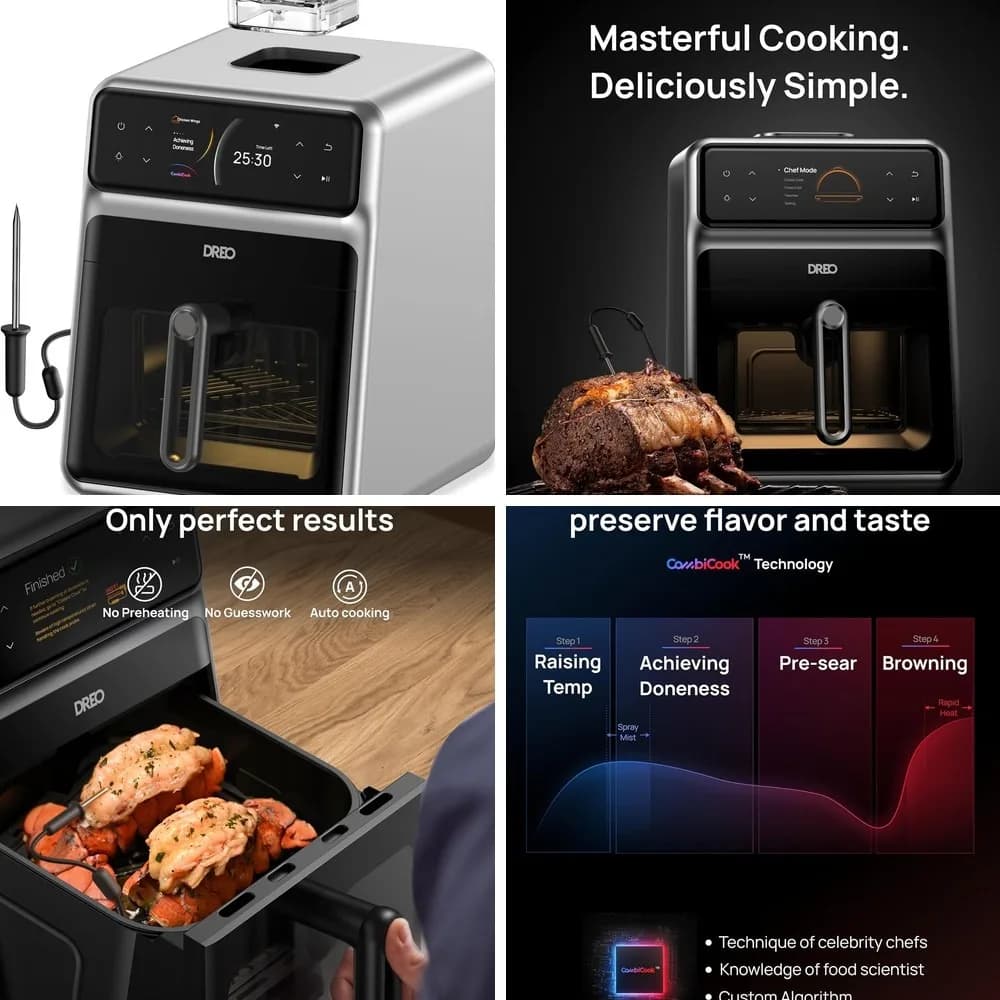 **Dreo ChefMaker Combi Fryer 6 QT Smart Air Fryer with Cook Probe & Water Atomizer, 3 Professional Cooking Modes