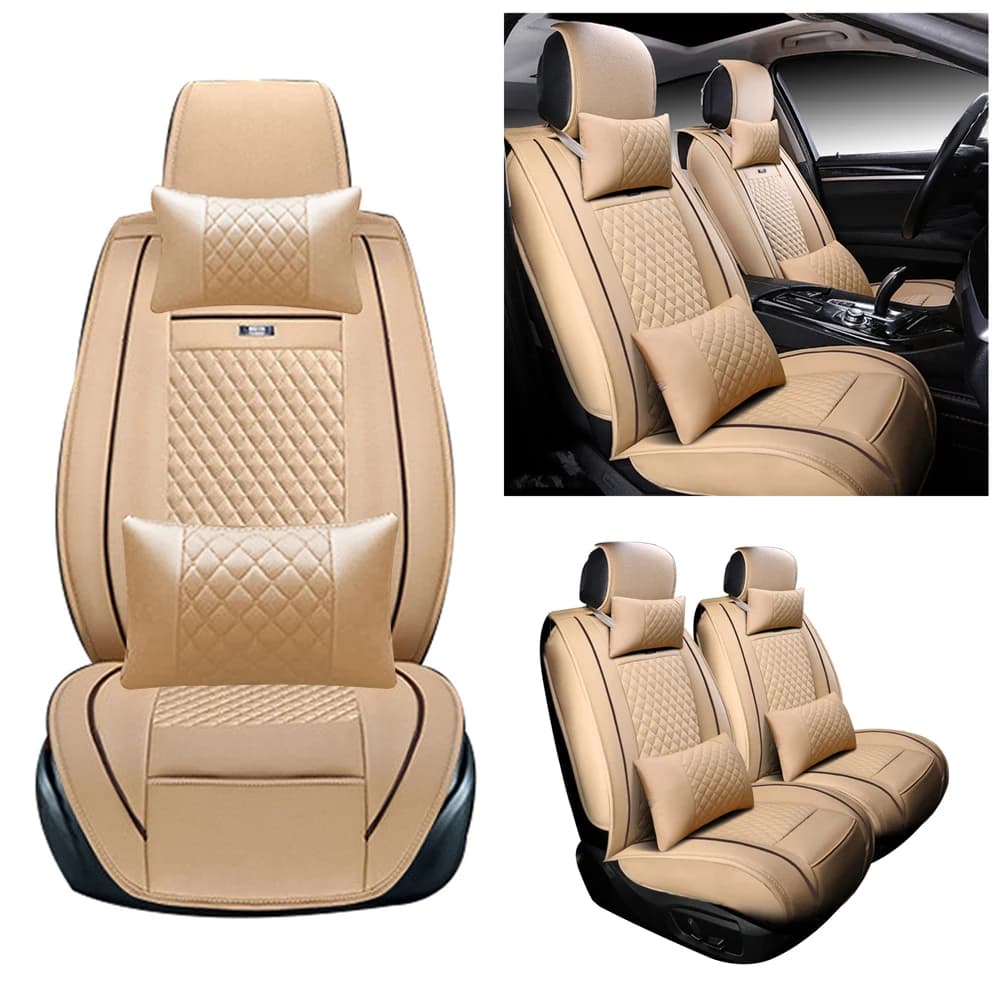 Coprisedili per auto coprisedili anteriori 2 posti con poggiatesta e protezione lombare per sedile Pickup Hatchback in pelle PU Beige