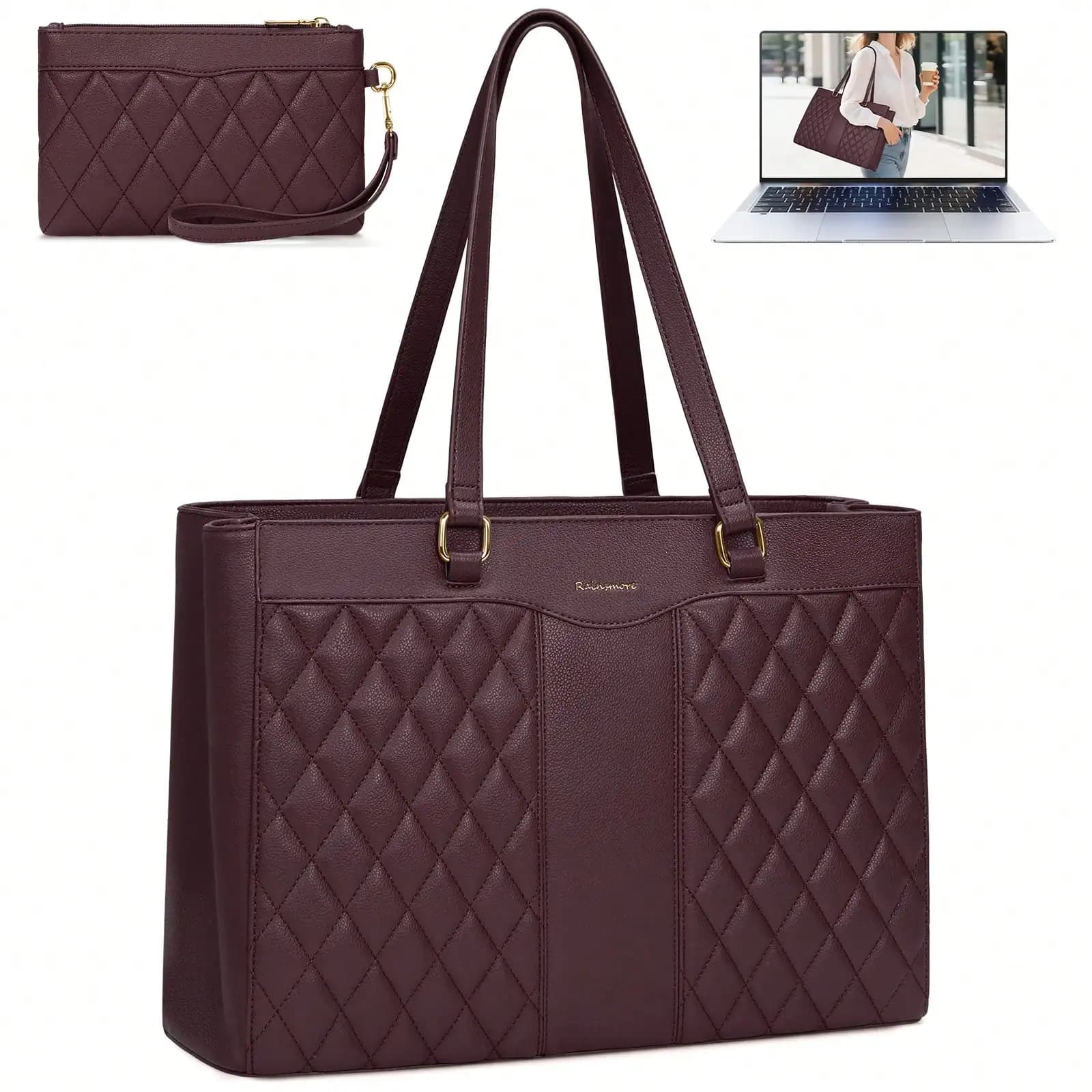 Set di borse tote in pelle premium per laptop da donna: borsa da lavoro professionale da 15,6 pollici con pochette staccabile. Computer Multifunzionale