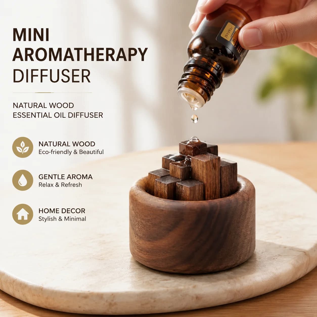 Mini Aromatherapy Diffuser Beech Wood & Black Walnut Essential Oil Diffuser for Home Decor