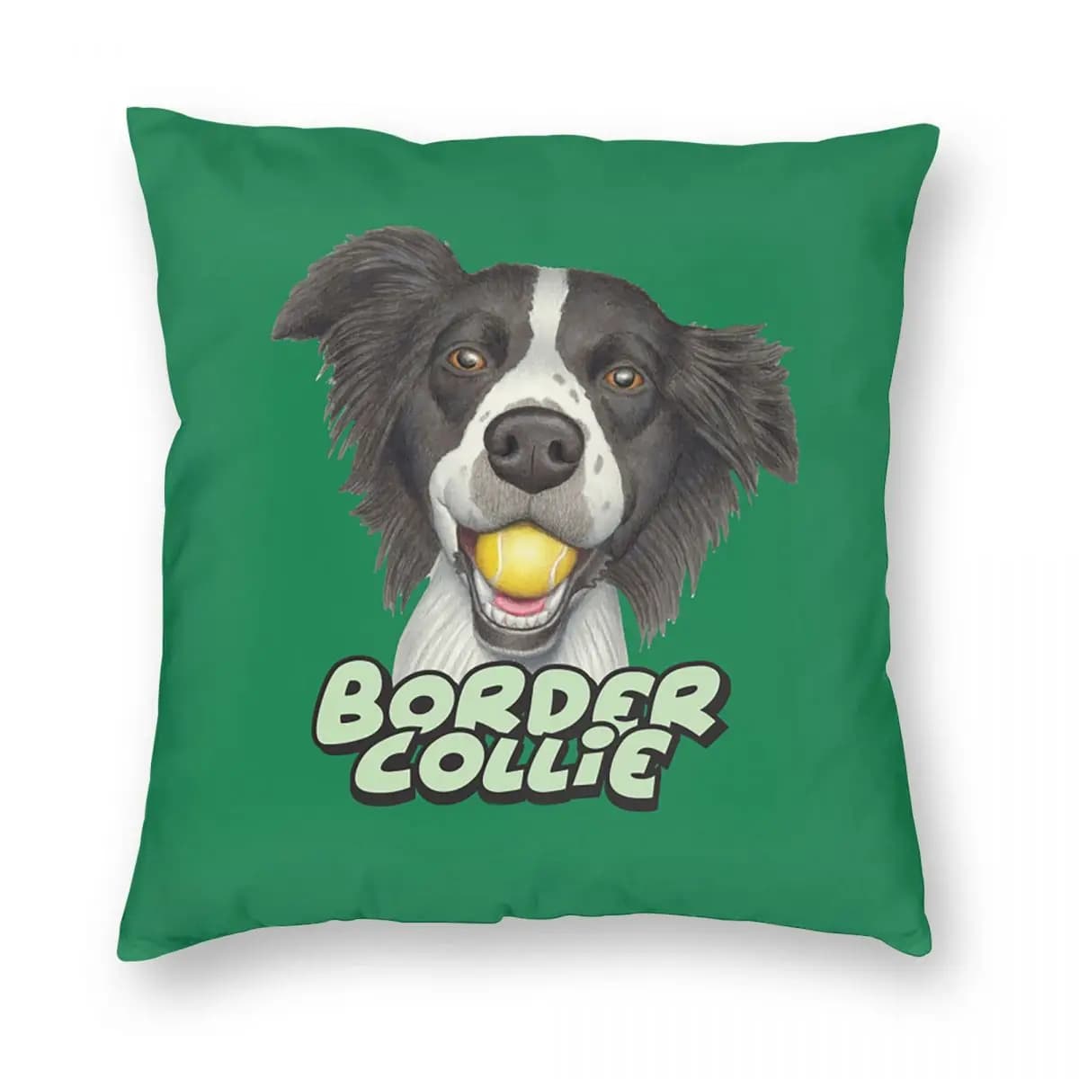 Simpatico cane Border Collie con palla da tennis nella bocca Federa quadrata Federa per cuscino Decorazione Comfort Cuscino per divano di casa