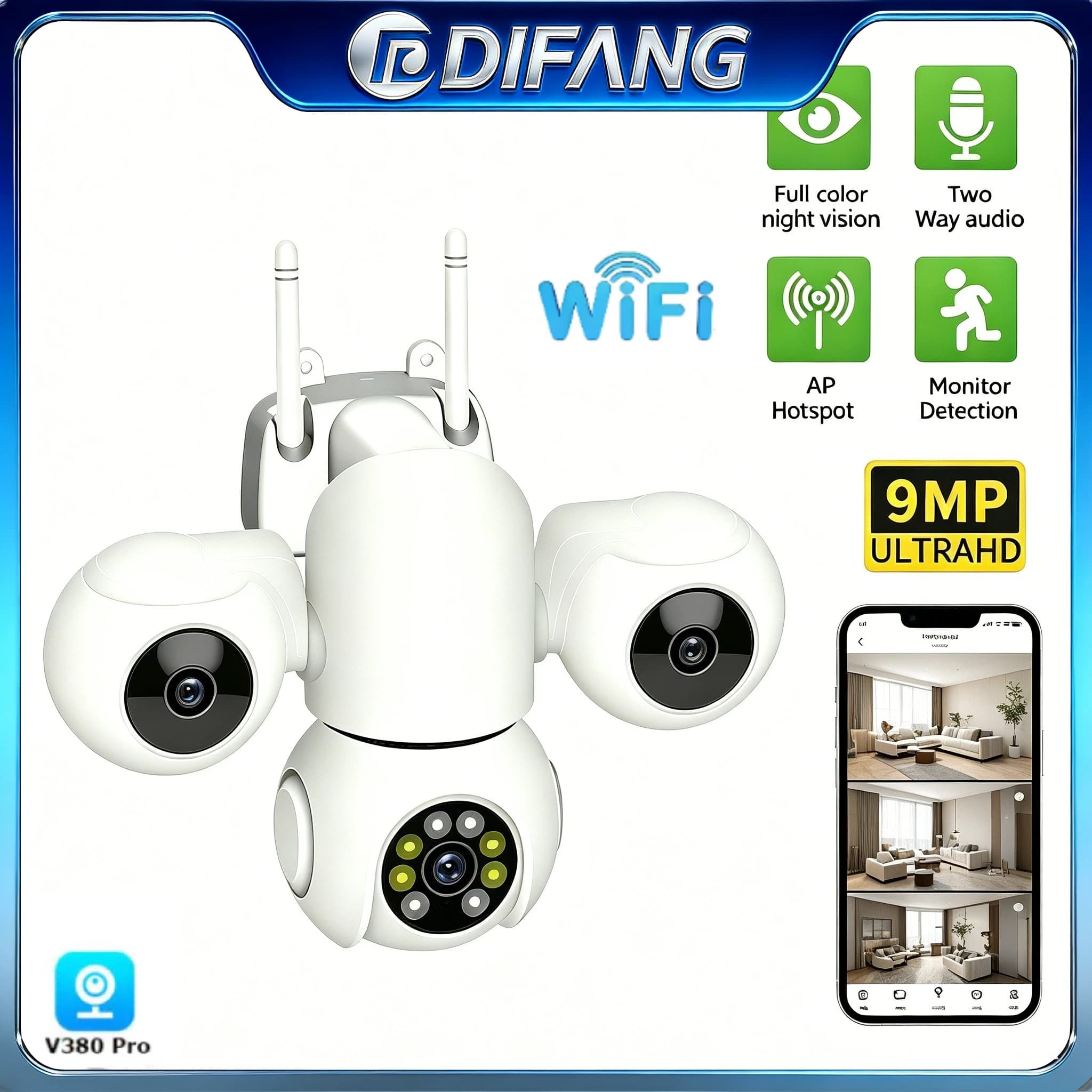 Telecamera WiFi V380 Pro a Tre Schermi per Sicurezza Interna CCTV 360° ° Monitor di Sicurezza PTZ con Visione Panoramica per Animali Domestici e Bambini Nuovo