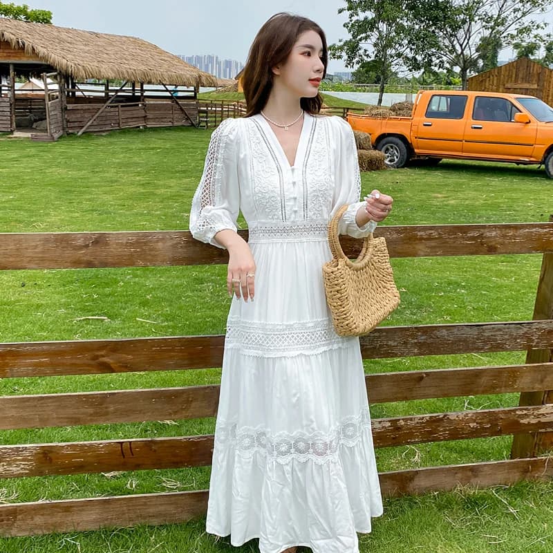 Elegante Abito Bianco in Pizzo a Maniche Lunghe per Fotografia in Deserto, Vacanze, Spiaggia, Scollo a V, Altri Materiali, 100% Primavera Autunno
