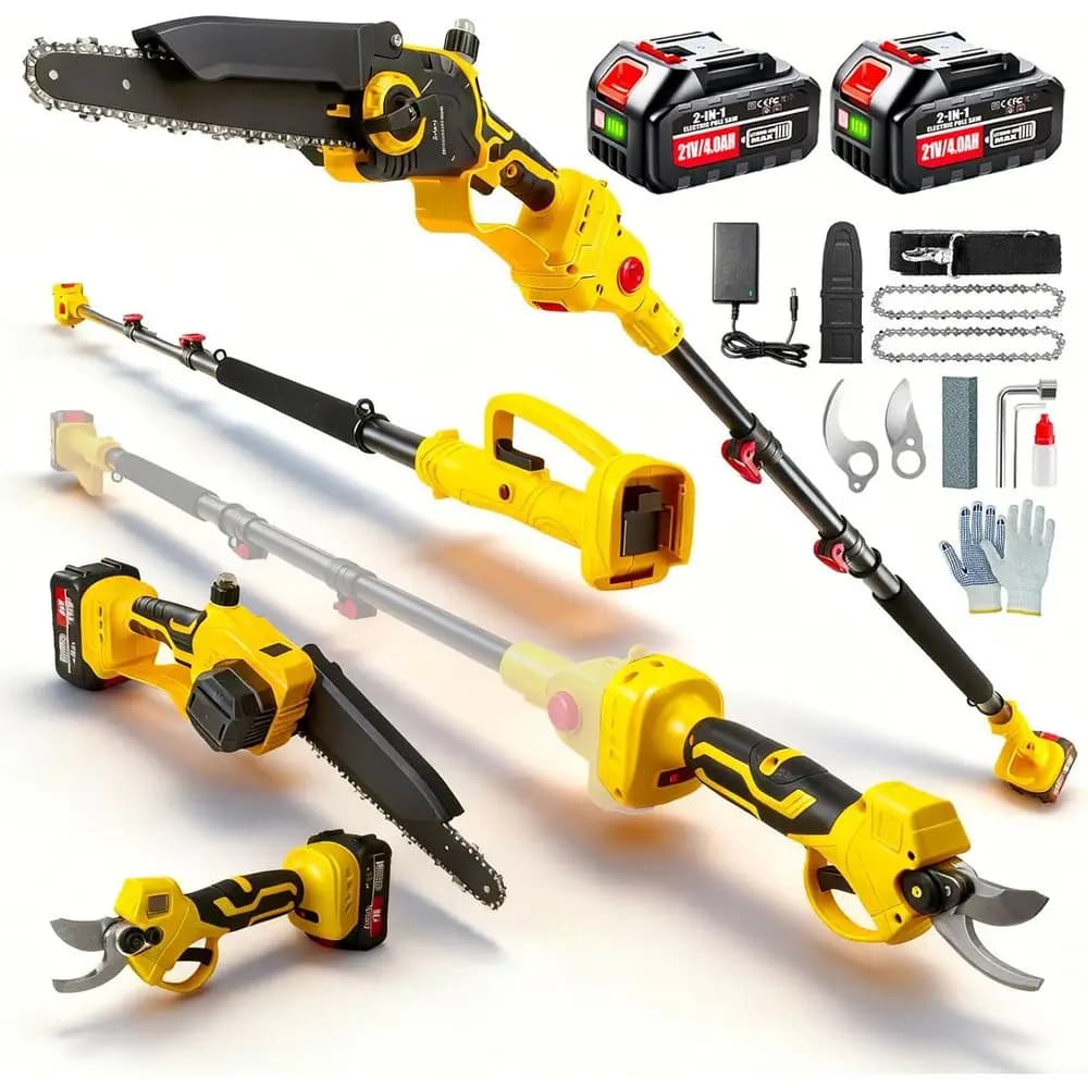 4 in 1, mini electric chainsaw without 8 inch brushes and pole pruning machine with 2 4000 mAh batteries powered