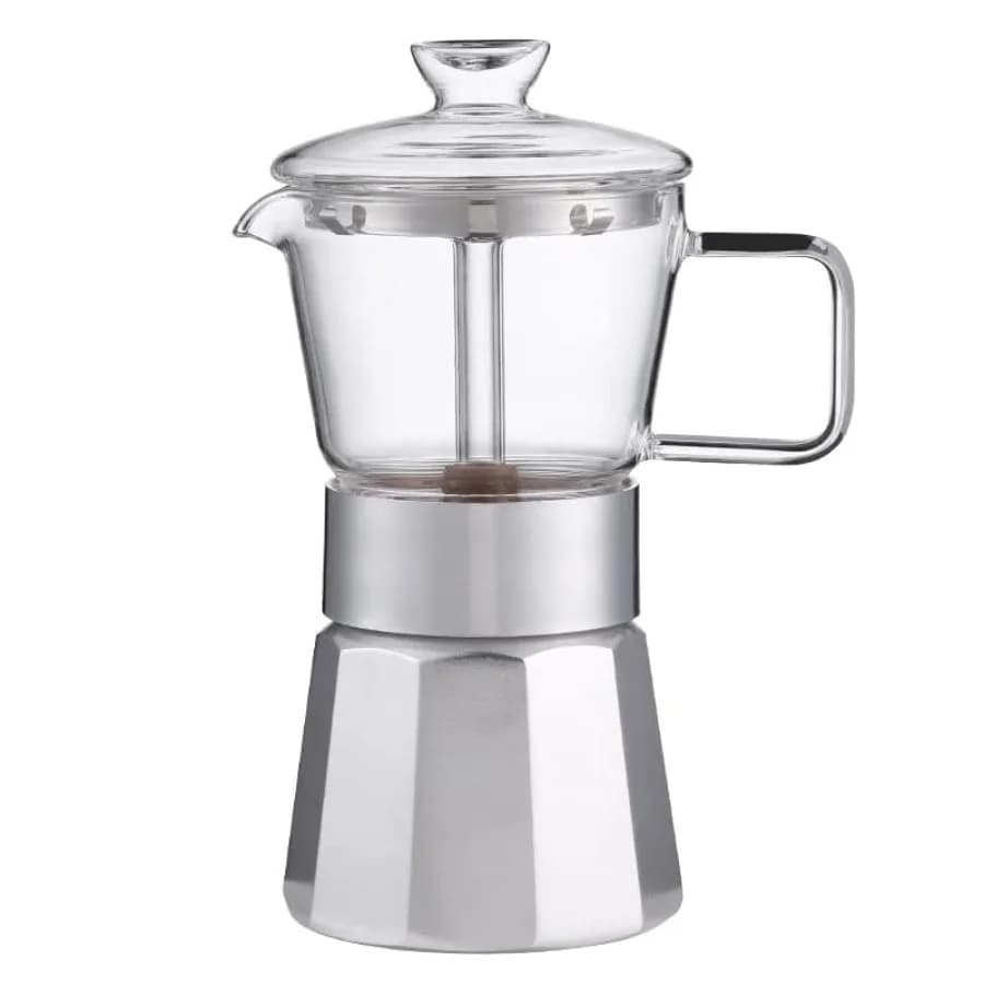 Caffettiera Moka per Espresso da Fornello, con Coperchio in Vetro Cristallo e Corpo in Alluminio, Classica Caffettiera Italiana da 8 Tazze