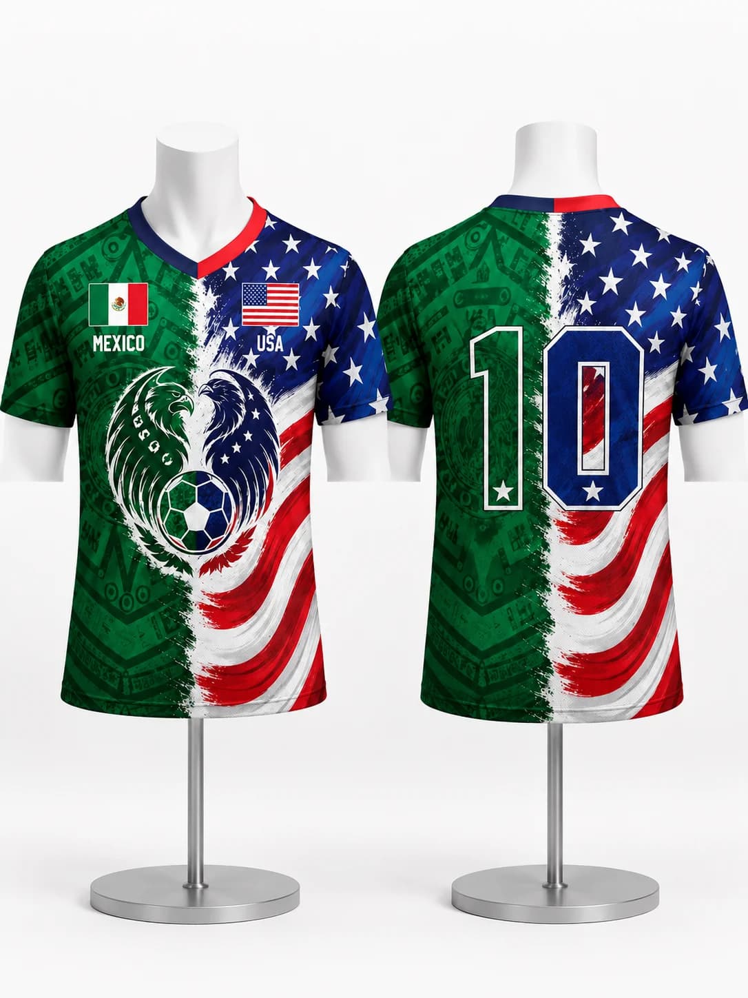 Unisex Mexico USA Split Design #10 Soccer Jersey, Dual Eagle Flag & Aztec Tribal Patriotic Print Breathable Football Tee