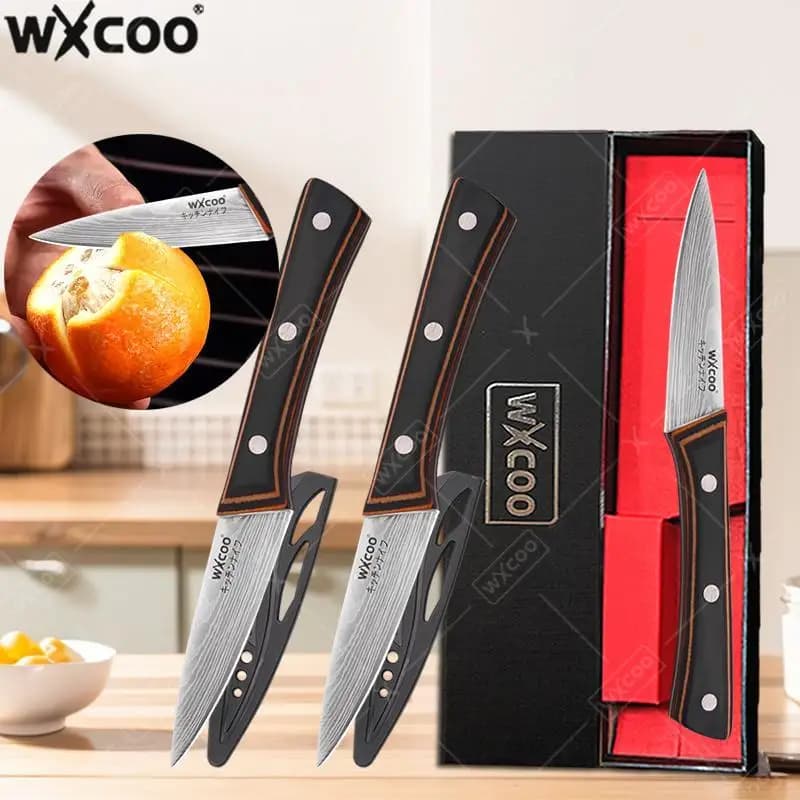 WXCOO Japanese Fruit Knife 4 Inches with Wood Ergonomic Handle, Chef Knife with Stainless Steel Sharp Blade, Santoku Gift Set