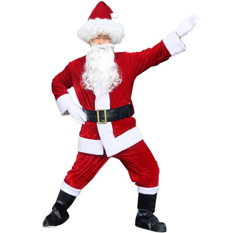 High Quality Velvet Christmas Cosplay Santa Claus Adult Performance Costume Men's 5-10 Piece Set with Boots Gloves Wig