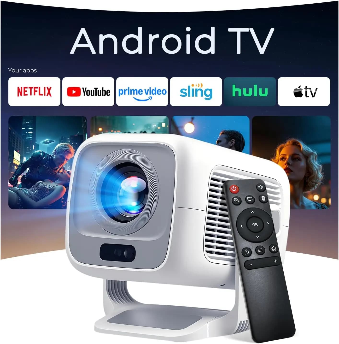 Proiettore Smart WiFi 6 Bluetooth, Mini Portatile 1080P con Autofocus e Design Rotante per Home Theater e Cinema all'Aperto
