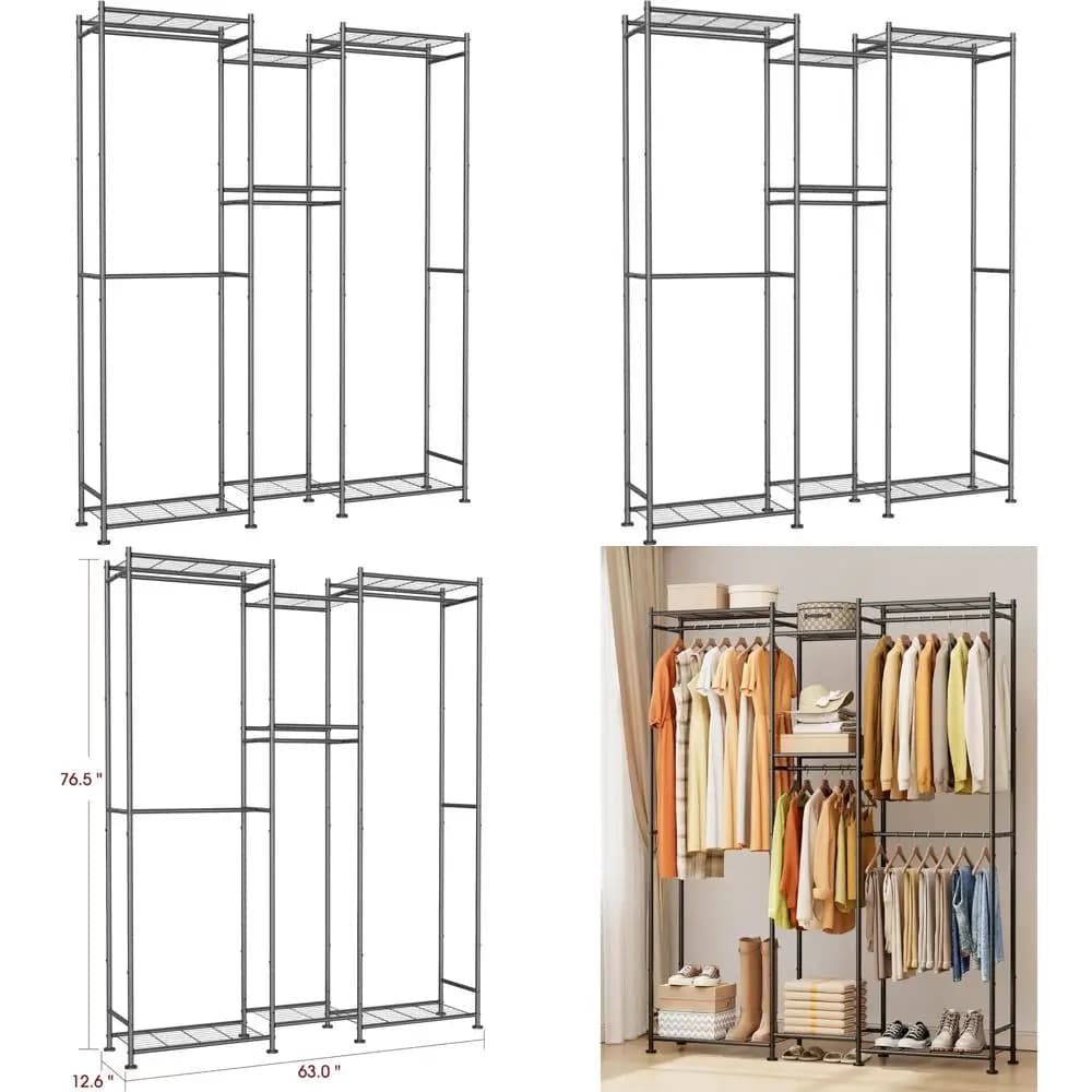 Metal wardrobe organizer with 7 shelves and 4 rods per bedroom or laundry, black, 63W × 12.6D × 76.5H
