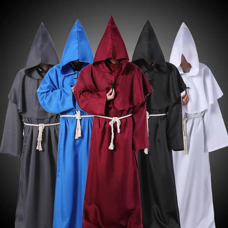 Medieval magician dress for adults with hood Halloween priest costume Gothic cloak for cosplay shows Includes belt and cross
