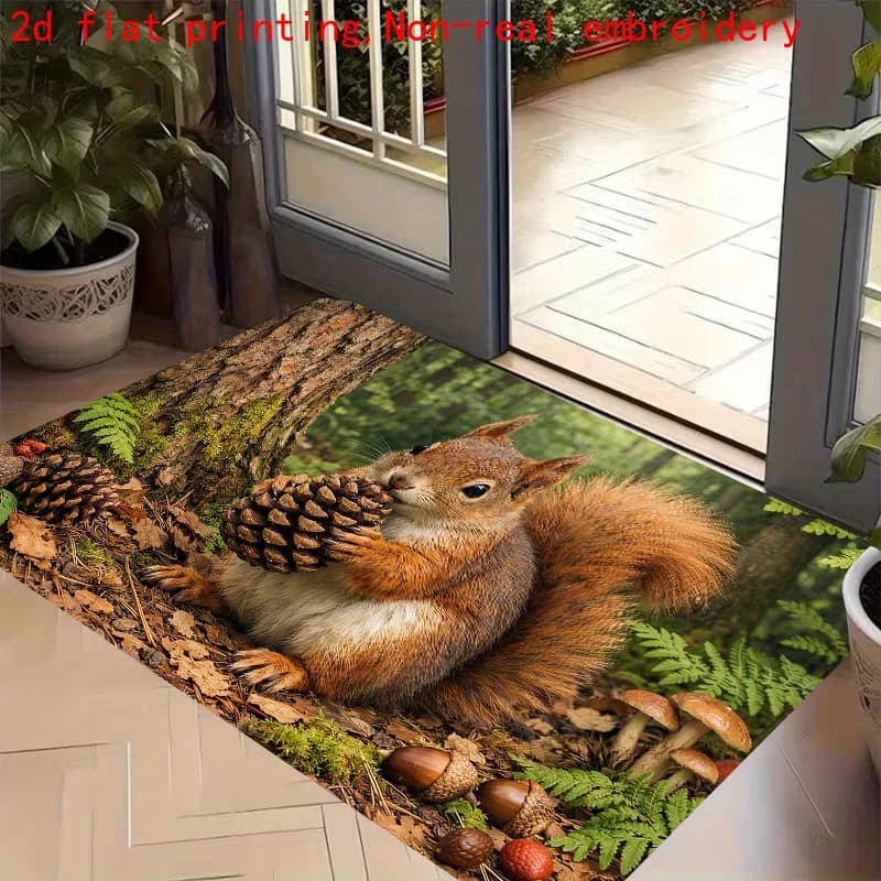 1pc,2D Flat Red Squirrel Pinecone Forest Nature Realistic Flannel Door Mat Non Slip Autumn Wildlife Rug For Entryway Patio Decor