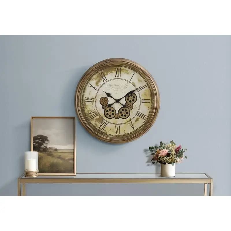 23 inch old brown round wall clock with gear mechanism, home decorations in transitional style